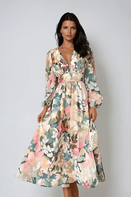 Eloise | Women's Floral Print V-Neck Long Sleeve Midi Dress - Seldom Seen Styles