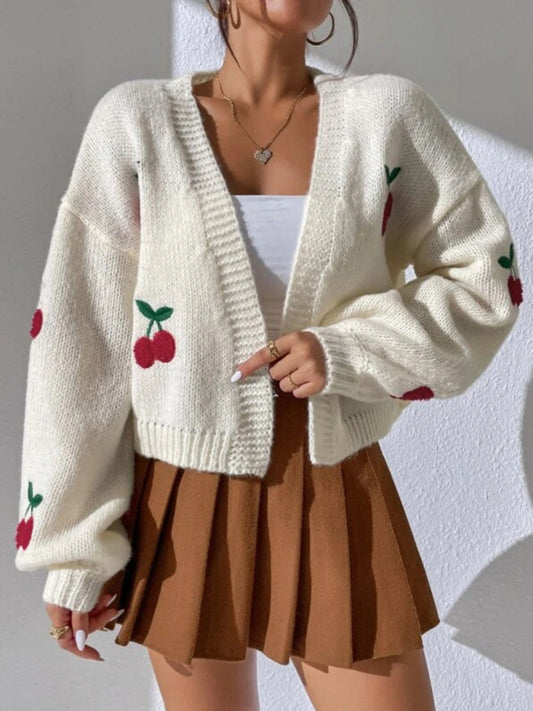 Embroidered Open Front Women's Graphic Cherry Cardigan Open Front Cable Knit Lantern Sleeve Cropped Cardigan Sweater - Seldom Seen Styles