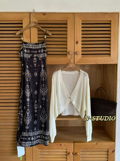Ethnic Floral Print Beaded Spaghetti Strap Maxi Dress Smocked Waist Boho Summer Beach Dress