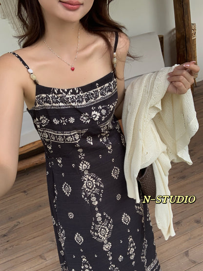 Ethnic Floral Print Beaded Spaghetti Strap Maxi Dress Smocked Waist Boho Summer Beach Dress