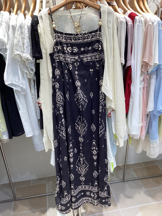 Ethnic Floral Print Beaded Spaghetti Strap Maxi Dress Smocked Waist Boho Summer Beach Dress - Seldom Seen Styles