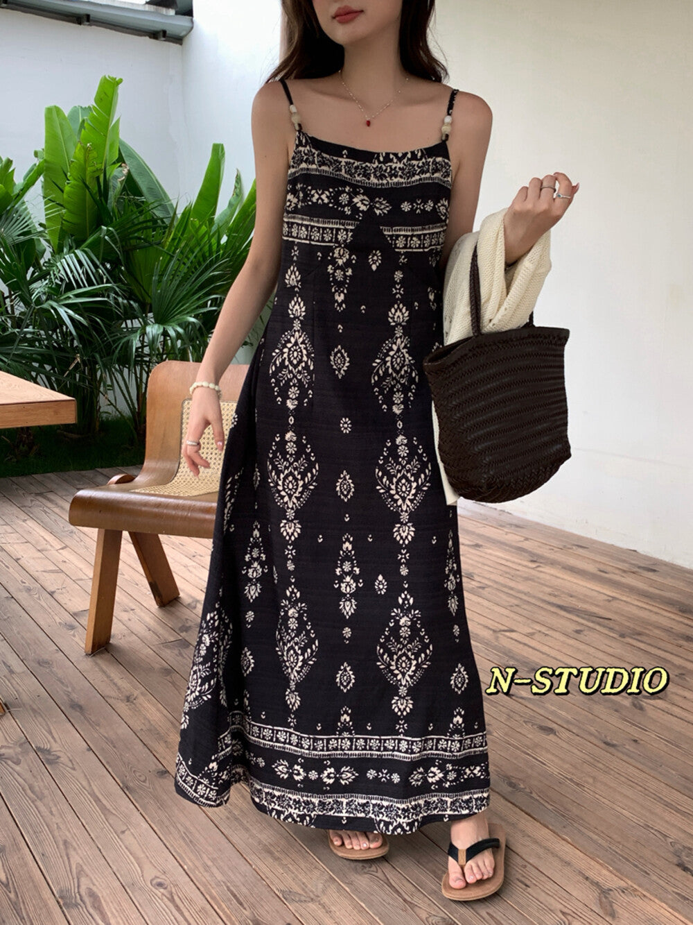 Ethnic Floral Print Beaded Spaghetti Strap Maxi Dress Smocked Waist Boho Summer Beach Dress - Seldom Seen Styles