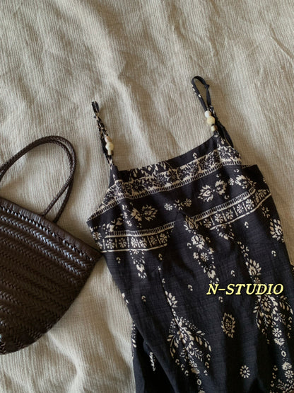 Ethnic Floral Print Beaded Spaghetti Strap Maxi Dress Smocked Waist Boho Summer Beach Dress