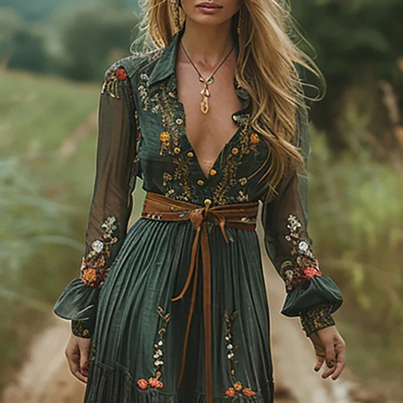 Women's Ethnic Retro Floral Print Pleated Maxi Dress Boho Shirt Collar Button Down Long Dress for Party Spring Summer Fall Vacation XS-2XL - Seldom Seen Styles
