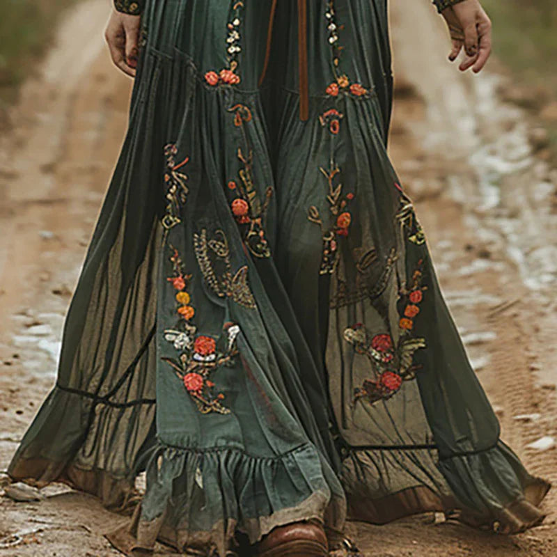 Women's Ethnic Retro Floral Print Pleated Maxi Dress Boho Shirt Collar Button Down Long Dress for Party Spring Summer Fall Vacation XS-2XL - Seldom Seen Styles
