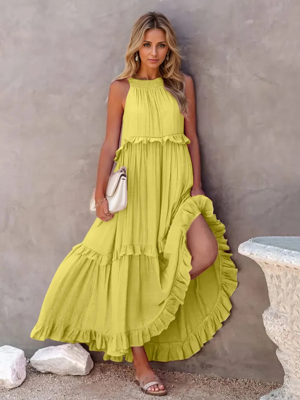 Women's Tiered Ruffle Maxi Dress with Pockets Smocked Halter Neckline Flowy Boho Summer Casual Long Dress - Seldom Seen Styles