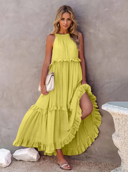 Women's Tiered Ruffle Maxi Dress with Pockets Smocked Halter Neckline Flowy Boho Summer Casual Long Dress