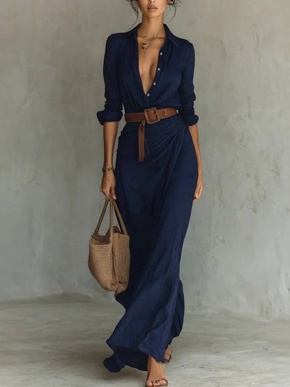 Oakleigh Elegant V-Neck Belted Maxi Dress - Formal & Everyday Wear