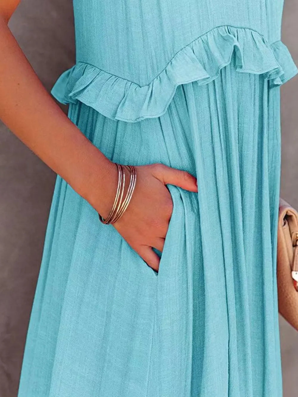 Women's Tiered Ruffle Maxi Dress with Pockets Smocked Halter Neckline Flowy Boho Summer Casual Long Dress - Seldom Seen Styles