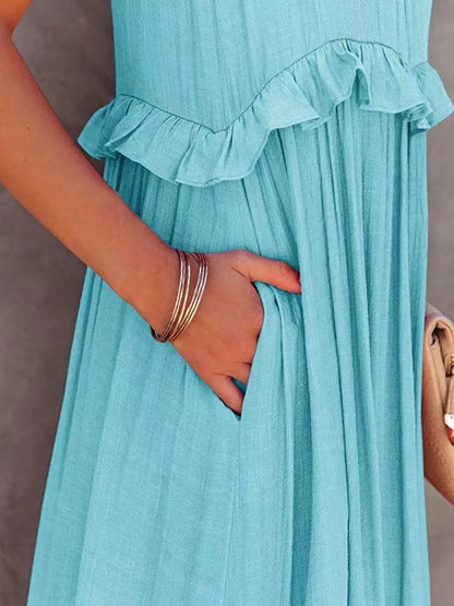 Women's Tiered Ruffle Maxi Dress with Pockets Smocked Halter Neckline Flowy Boho Summer Casual Long Dress