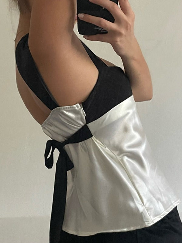 Women's Contrast Satin Tank Top Square Neck Tie Back Sleeveless Silk Camisole Blouse Y2K Elegant Going Out Top - Seldom Seen Styles
