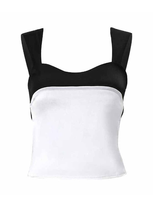 Women's Contrast Satin Tank Top Square Neck Tie Back Sleeveless Silk Camisole Blouse Y2K Elegant Going Out Top - Seldom Seen Styles