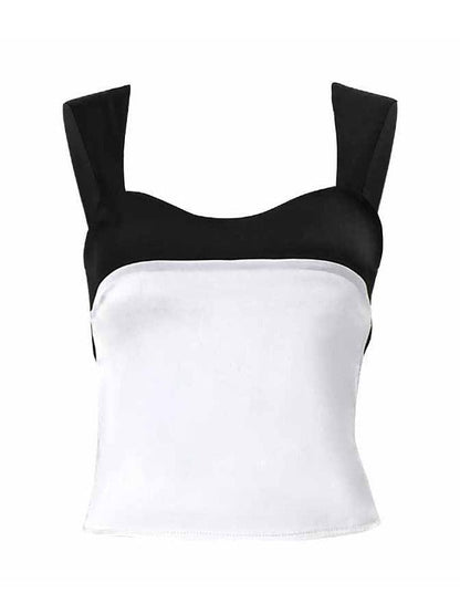 Women's Contrast Satin Tank Top Square Neck Tie Back Sleeveless Silk Camisole Blouse Y2K Elegant Going Out Top