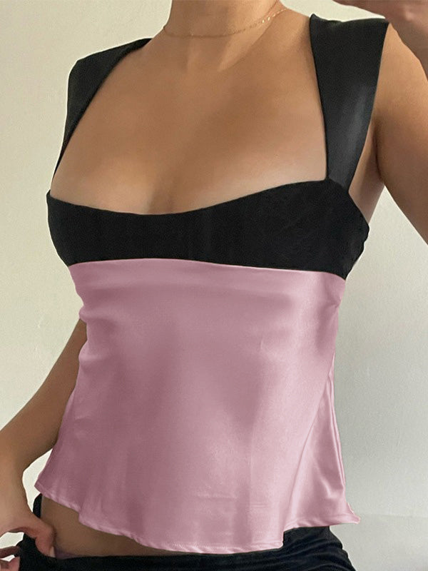 Women's Contrast Satin Tank Top Square Neck Tie Back Sleeveless Silk Camisole Blouse Y2K Elegant Going Out Top - Seldom Seen Styles