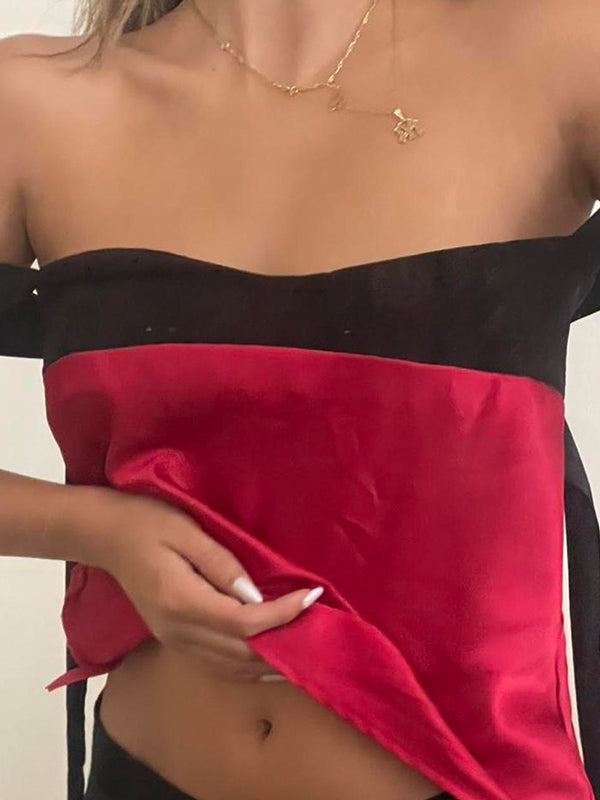 Women's Contrast Satin Tank Top Square Neck Tie Back Sleeveless Silk Camisole Blouse Y2K Elegant Going Out Top - Seldom Seen Styles