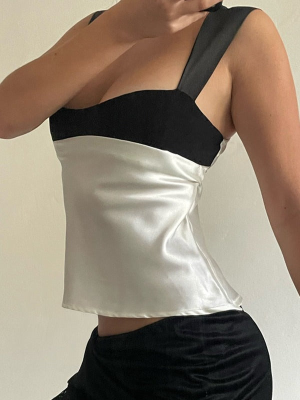 Women's Contrast Satin Tank Top Square Neck Tie Back Sleeveless Silk Camisole Blouse Y2K Elegant Going Out Top - Seldom Seen Styles