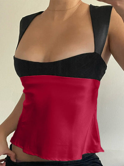 Women's Contrast Satin Tank Top Square Neck Tie Back Sleeveless Silk Camisole Blouse Y2K Elegant Going Out Top