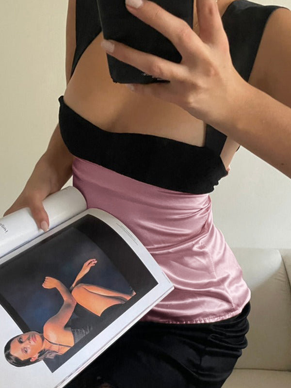 Women's Contrast Satin Tank Top Square Neck Tie Back Sleeveless Silk Camisole Blouse Y2K Elegant Going Out Top - Seldom Seen Styles