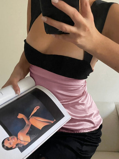 Women's Contrast Satin Tank Top Square Neck Tie Back Sleeveless Silk Camisole Blouse Y2K Elegant Going Out Top
