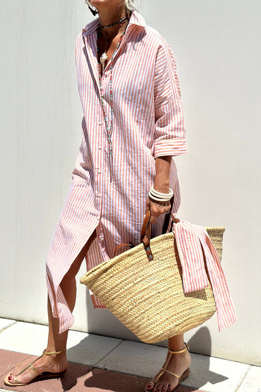 Faith Cotton Linen Feel Striped Shirt Dress Oversized Midi with Slit - Seldom Seen Styles