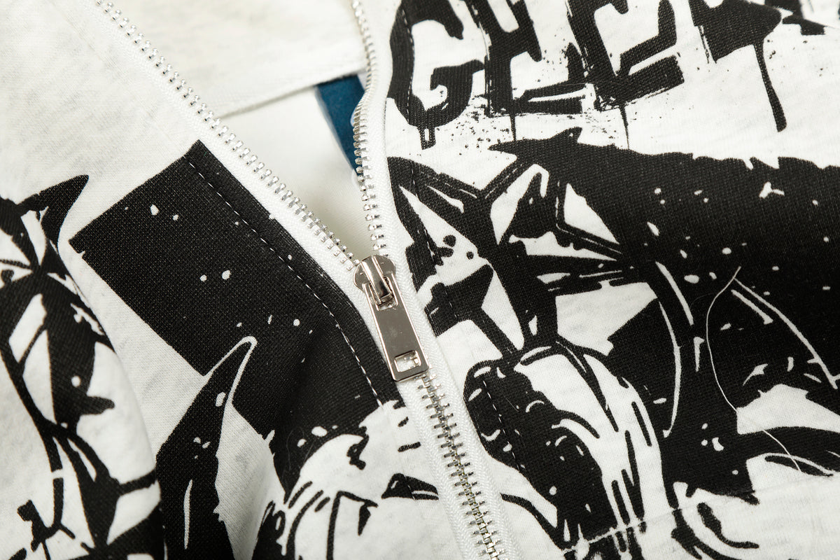 Fake Fur Collar Illustration Print Zip-Up Hoodie WN23577 - Seldom Seen Styles