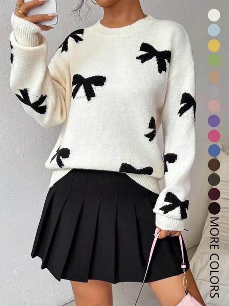 Fashion Bow Print Casual Basic Loose Knitted Sweater Pullover Autumn/Winter Women Pullovers New O-Neck Full Sleeve Knit Sweater, Knitwear - Seldom Seen Styles
