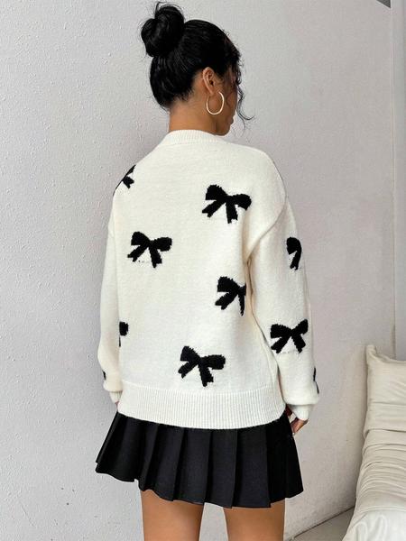 Fashion Bow Print Casual Basic Loose Knitted Sweater Pullover Autumn/Winter Women Pullovers New O-Neck Full Sleeve Knit Sweater, Knitwear - Seldom Seen Styles