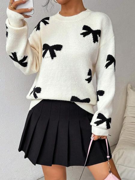 Fashion Bow Print Casual Basic Loose Knitted Sweater Pullover Autumn/Winter Women Pullovers New O-Neck Full Sleeve Knit Sweater, Knitwear - Seldom Seen Styles