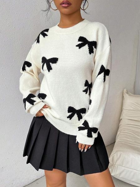 Fashion Bow Print Casual Basic Loose Knitted Sweater Pullover Autumn/Winter Women Pullovers New O-Neck Full Sleeve Knit Sweater, Knitwear - Seldom Seen Styles