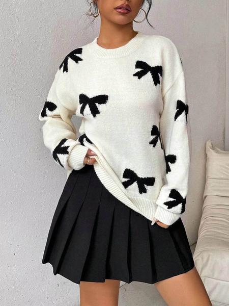 Fashion Bow Print Casual Basic Loose Knitted Sweater Pullover Autumn/Winter Women Pullovers New O-Neck Full Sleeve Knit Sweater, Knitwear - Seldom Seen Styles