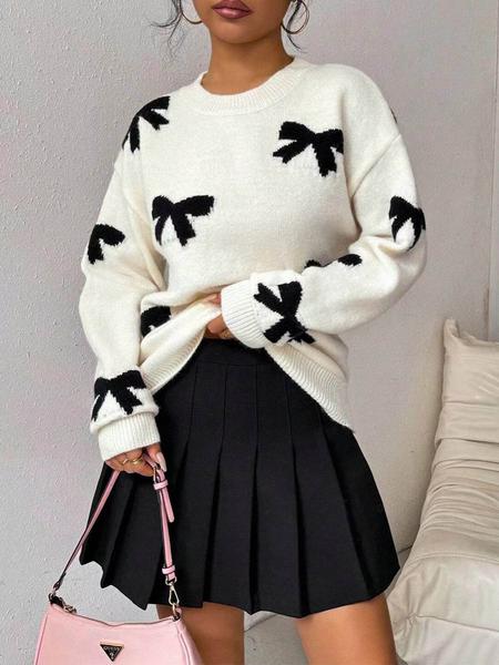 Fashion Bow Print Casual Basic Loose Knitted Sweater Pullover Autumn/Winter Women Pullovers New O-Neck Full Sleeve Knit Sweater, Knitwear - Seldom Seen Styles
