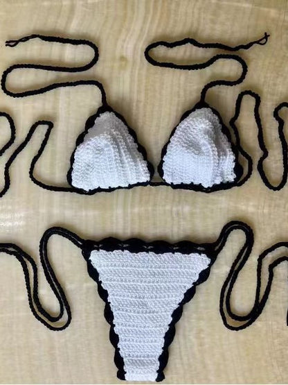 Modischer, handgehäkelter, sexy Bikini, schwarz-weißer Farbblock-Badeanzug, Strand-Bademode-Set