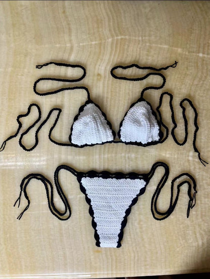 Modischer, handgehäkelter, sexy Bikini, schwarz-weißer Farbblock-Badeanzug, Strand-Bademode-Set