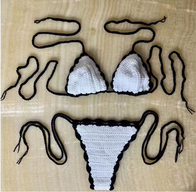Fashion Knitted Hand-Crocheted Sexy Bikini Black and White Color-Block Swimsuit Beach Swimwear Set - Seldom Seen Styles