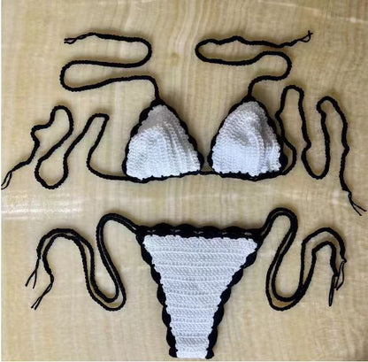 Modischer, handgehäkelter, sexy Bikini, schwarz-weißer Farbblock-Badeanzug, Strand-Bademode-Set