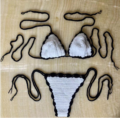 Modischer, handgehäkelter, sexy Bikini, schwarz-weißer Farbblock-Badeanzug, Strand-Bademode-Set