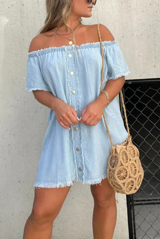 Fashionable Off Shoulder Short-sleeved Loose Denim Mini Dress - Seldom Seen Styles
