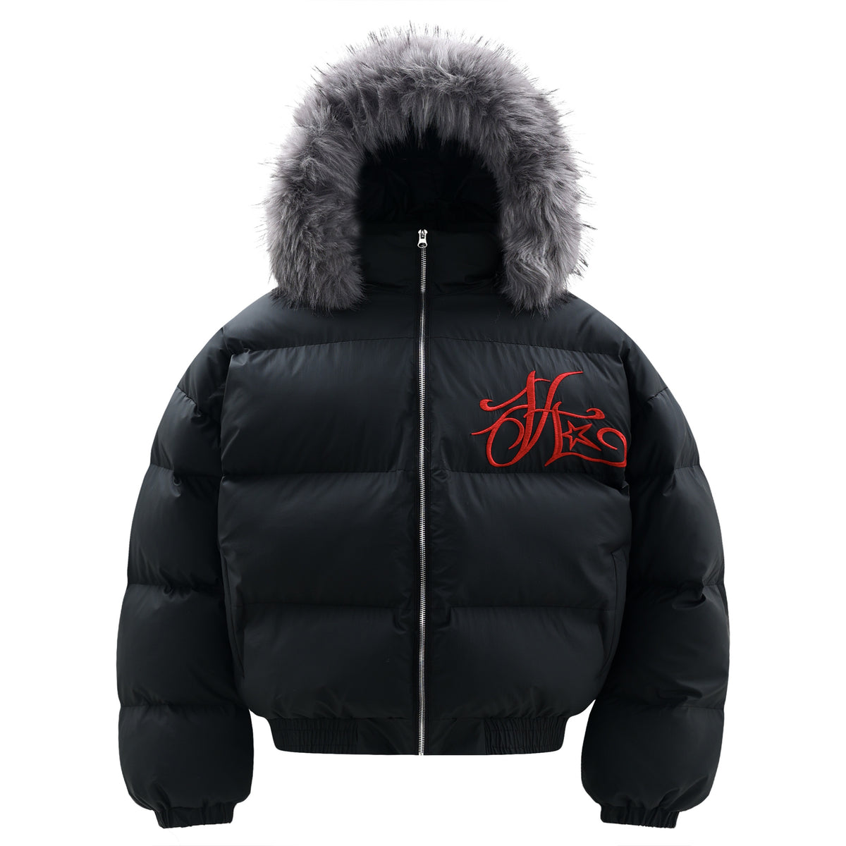 Faux Fur Hooded Red Star Embroidered Puffer Jacket - Seldom Seen Styles