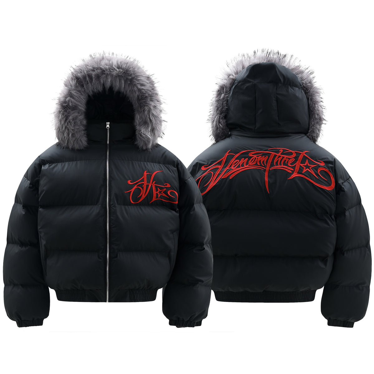 Faux Fur Hooded Red Star Embroidered Puffer Jacket - Seldom Seen Styles