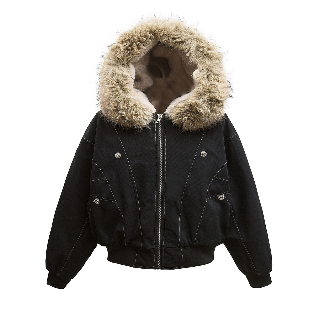 Faux Fur Hooded Red Star Embroidered Puffer Jacket - Seldom Seen Styles