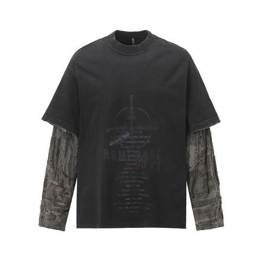 Faux Two-Piece Distressed Camo Sleeve Long Sleeve Tee - Washed Black - Seldom Seen Styles