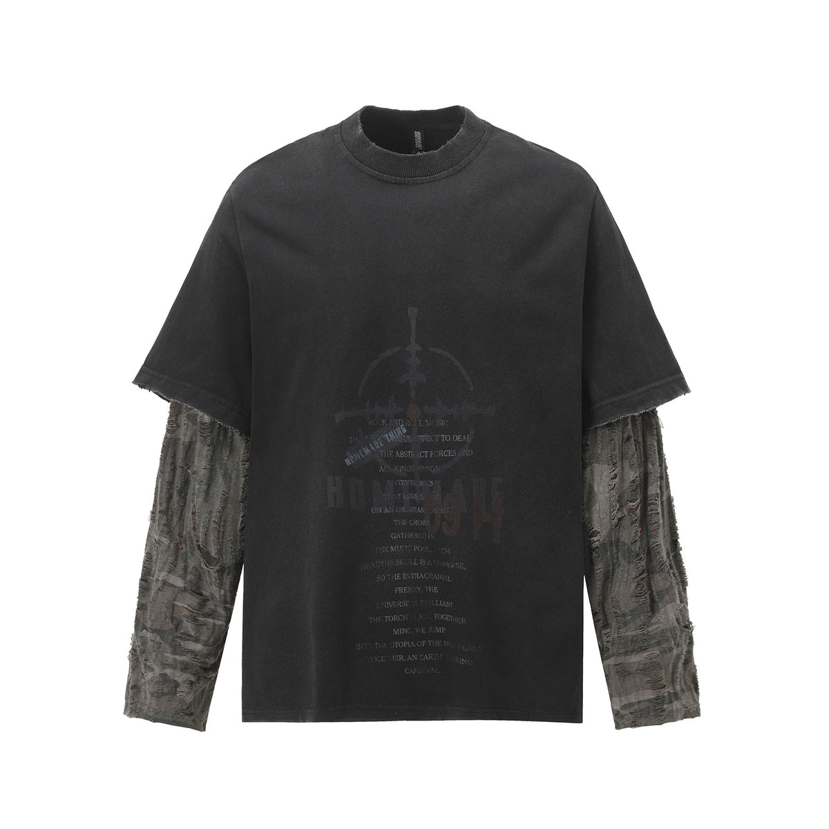 Faux Two-Piece Distressed Camo Sleeve Long Sleeve Tee - Washed Black - Seldom Seen Styles