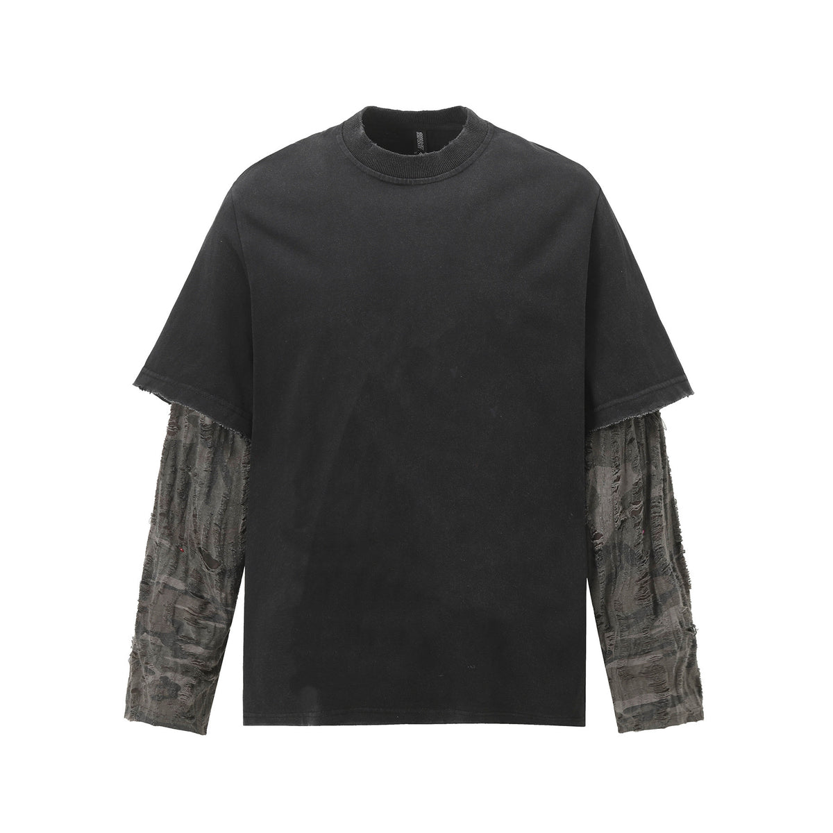 Faux Two-Piece Distressed Camo Sleeve Long Sleeve Tee - Washed Black - Seldom Seen Styles