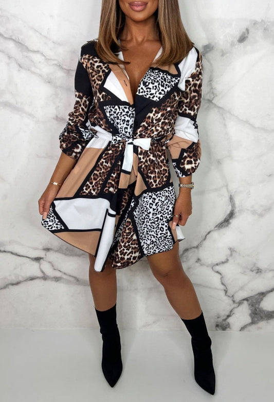 Feline Flirty Mini Animal Print Shirt Dress - Loose Fit Polyester Long Sleeve Tie Waist Dress - Seldom Seen Styles