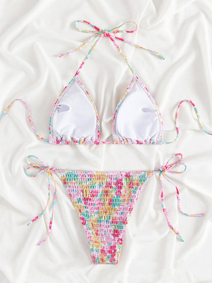 Women's 2 Piece Floral Bikini Sets Smocked Drawstring Side Triangle Halter Sexy Cute Swimsuits