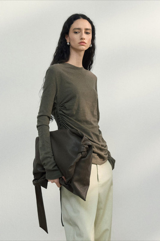 Fitted Textured Pleated Cotton Linen Women's Casual Long Sleeve Tops Crew Neck Round Hem  T-Shirts Tunic Tops - Seldom Seen Styles