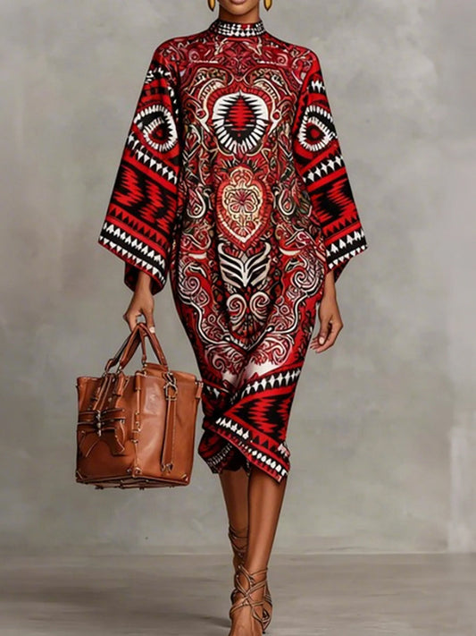 Flared Sleeves Long Sleeves Contrast Color Flower Print Geometric Split-Joint Round-Neck Midi Dresses - Seldom Seen Styles