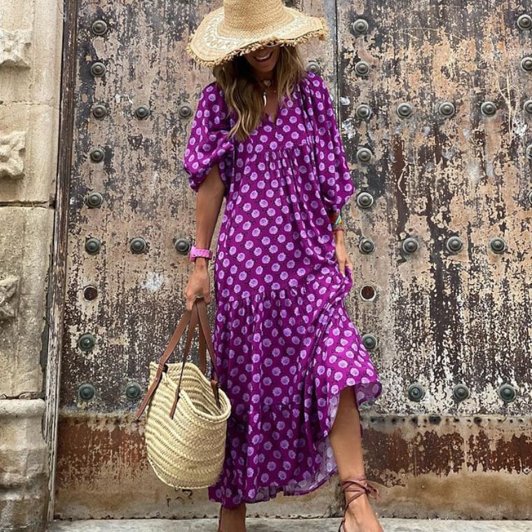 Flora | Women's Puff Sleeve V-Neck Boho Printed Maxi Dress - Seldom Seen Styles