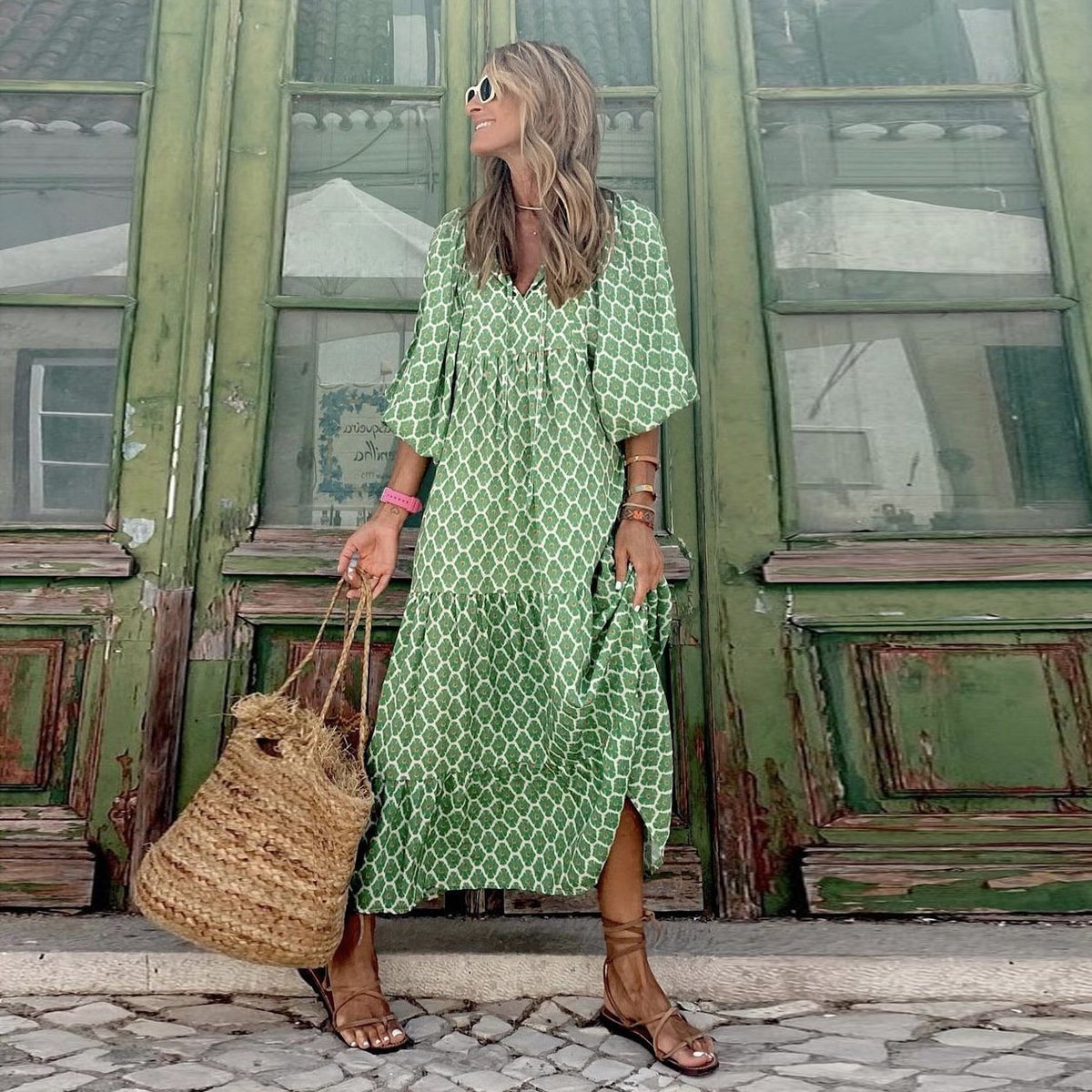 Flora | Women's Puff Sleeve V-Neck Boho Printed Maxi Dress - Seldom Seen Styles