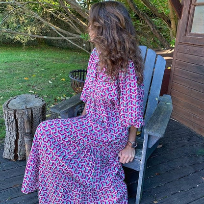Flora | Women's Puff Sleeve V-Neck Boho Printed Maxi Dress